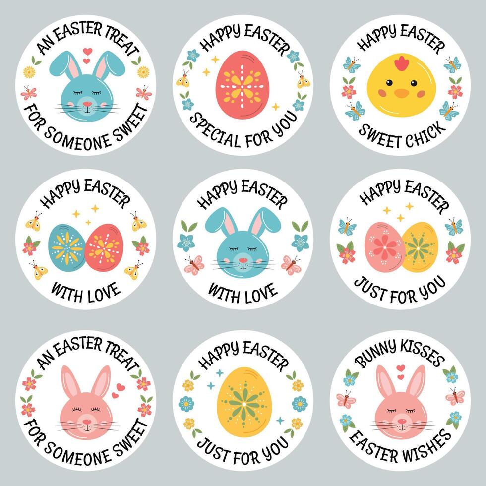 runda påsk klistermärken med kanin, kyckling, ägg. Lycklig påsk etiketter, taggar för gåva förpackning, godis, vykort, affisch, gåva märka, inbjudan. kanin kyssar påsk lyckönskningar, några kanin förälskelser du. vektor