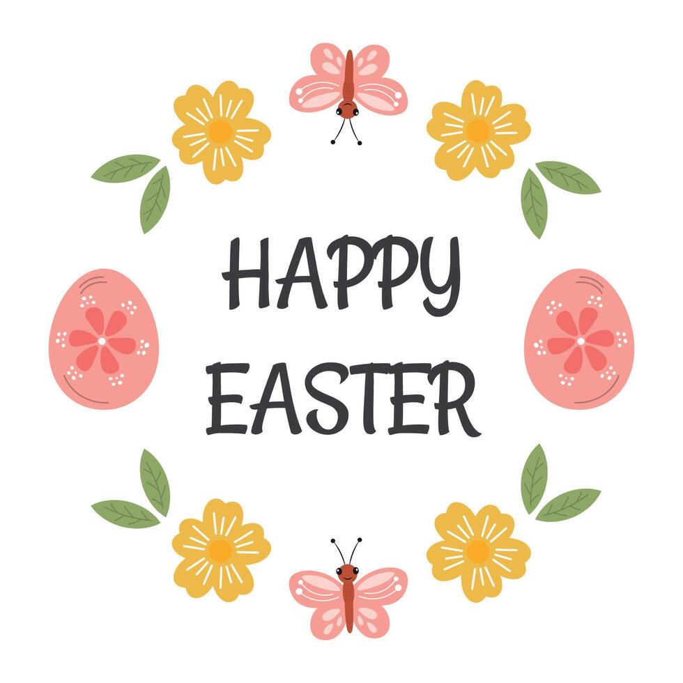 Lycklig påsk märka, bricka med krans av blommor och ägg, påsk Semester målad ägg symbol. runda klistermärke, blommig ram för gåvor paket, hälsning kort, inbjudan. vektor