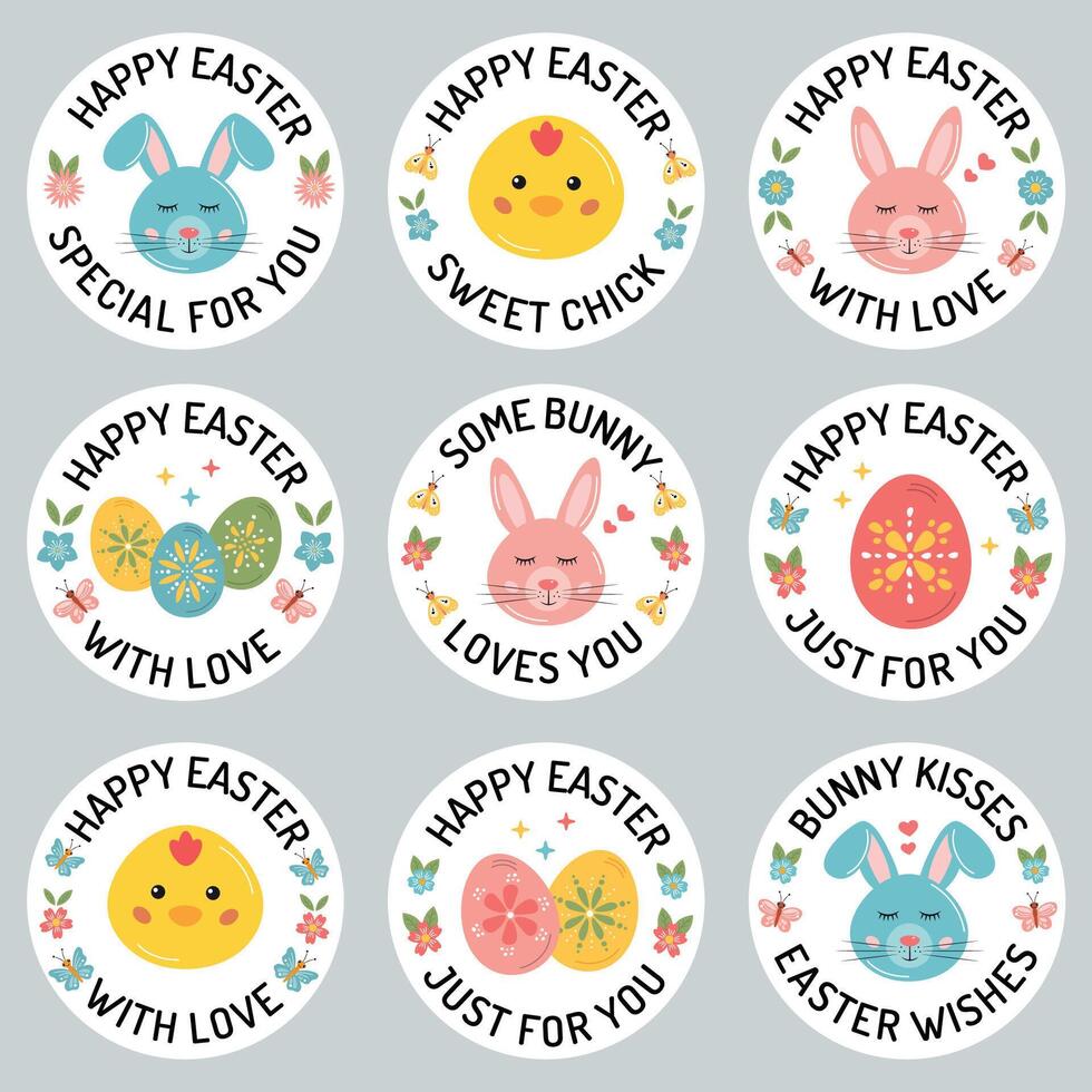 påsk klistermärken med kanin, kanin, ägg, kyckling. påsk Semester märken och etiketter med Lycklig påsk typografi meddelanden för godis, gåvor förpackning, märka, hälsning kort, små företag, ägg jaga. vektor