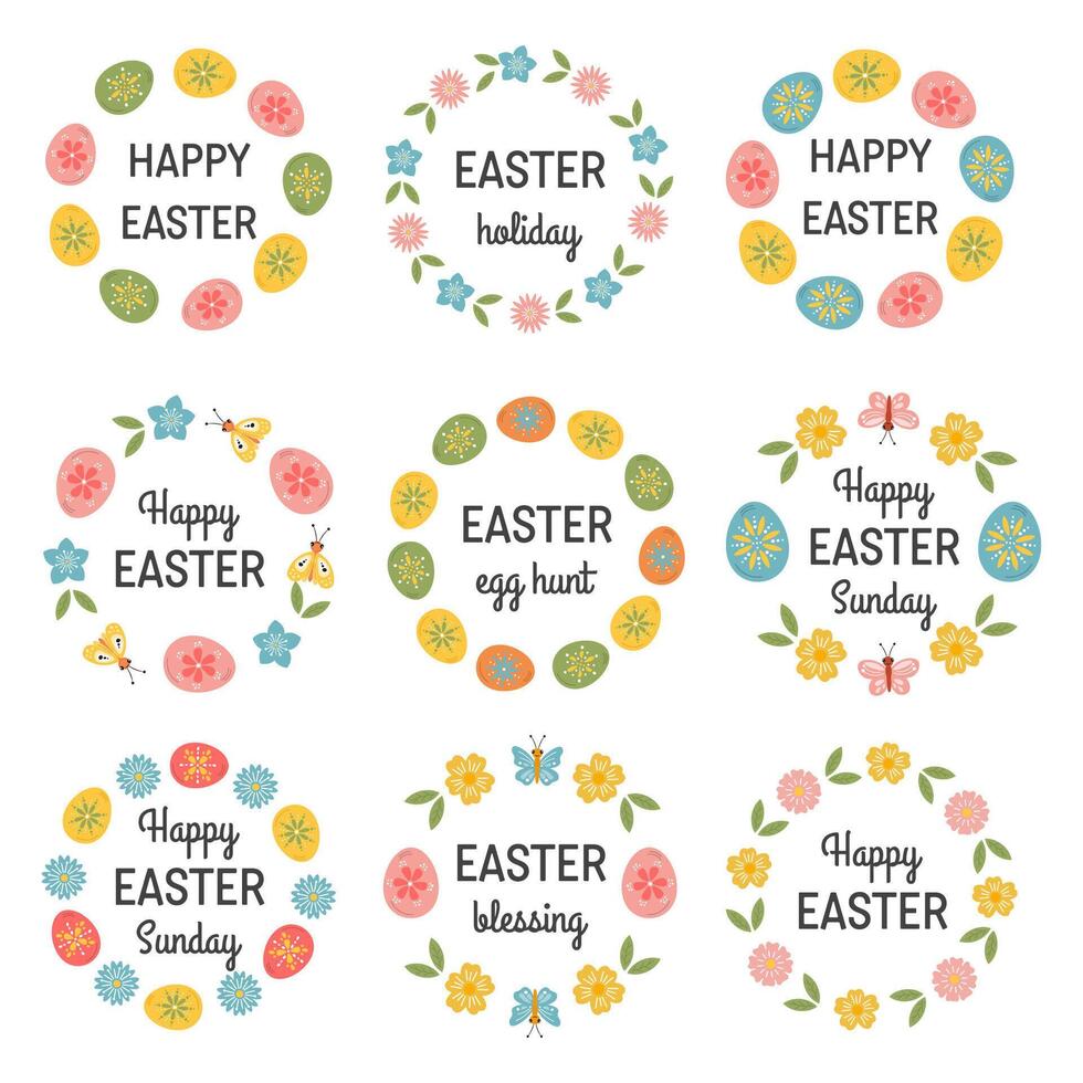 bündeln von Ostern Etikett, Blumen- Rahmen mit Blume. Ei, Ostern Urlaub Symbole. runden Aufkleber mit glücklich Ostern Gruß Typografie Mitteilungen. Ostern Beschriftung zum Geschenke Verpackung, Schild, Gruß Karten. vektor