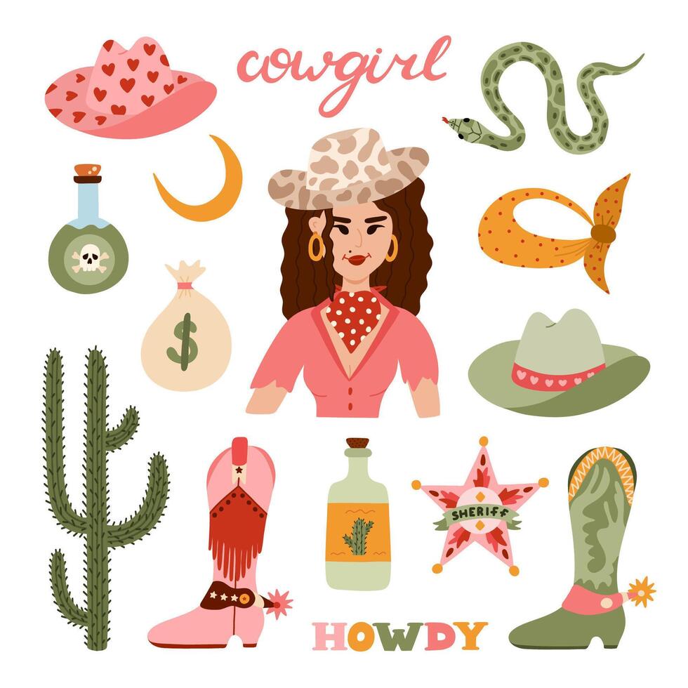 groß Cowgirl einstellen im modisch eben Stil. Hand gezeichnet einfach Vektor Illustration mit Western Stiefel, Hut, Schlange, Kaktus, Stier Schädel, Sheriff Abzeichen Stern. Cowboy Thema mit Symbole von Texas und wild Westen.