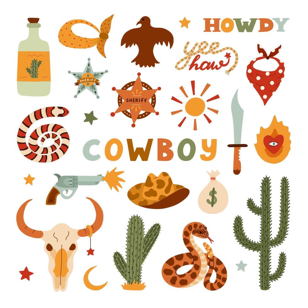 stor vild väst och cowboy uppsättning i trendig platt stil. hand dragen enkel vektor illustration med Västra stövlar, hatt, orm, kaktus, tjur skalle, sheriff bricka stjärna. cowboy tema med symboler av texas.