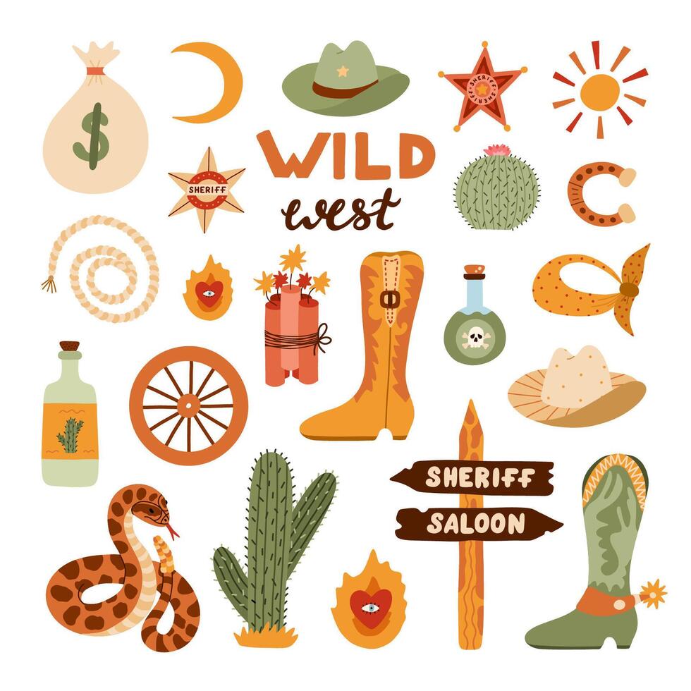 stor vild väst och cowboy uppsättning i trendig platt stil. hand dragen enkel vektor illustration med Västra stövlar, hatt, orm, kaktus, tjur skalle, sheriff bricka stjärna. cowboy tema med symboler av texas.