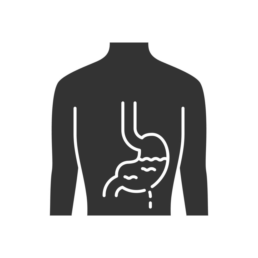 Symbol für kranke Magen-Glyphe. Gastritis. schmerzendes menschliches Organ. ungesundes Verdauungssystem. kranker innerer Körperteil. Magen-Darmtrakt. Silhouette-Symbol. negativen Raum. isolierte Vektorgrafik vektor