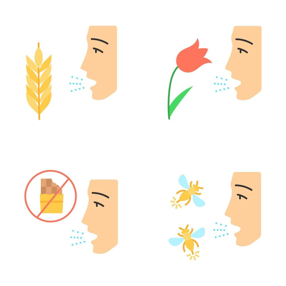 Allergien flaches Design lange Schatten Farbsymbole gesetzt. Heuschnupfen, Nahrungsmittelallergie und Insektenstiche. Empfindlichkeit des Immunsystems. Allergenquellen. Medizinisches Problem. vektor silhouette Illustrationen