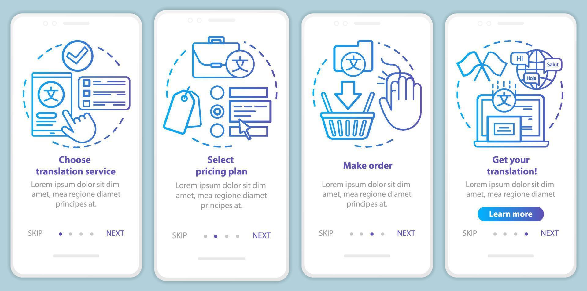 Übersetzungsdienstprozess blaues Onboarding der mobilen App-Seitenbildschirmvektorvorlage. Preisplan auswählen. Walkthrough-Website-Schritte mit linearen Illustrationen. ux, ui, gui Smartphone-Schnittstellenkonzept vektor