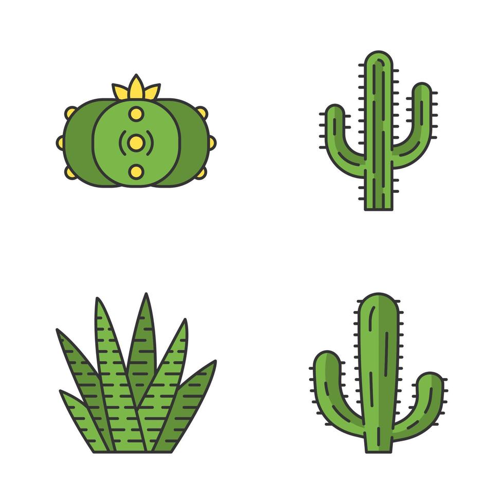 vilda kaktus färg ikoner set. suckulenter. kaktus samling. saguaro, peyote, mexikanska jätte- och zebrakaktusar. isolerade vektorillustrationer vektor