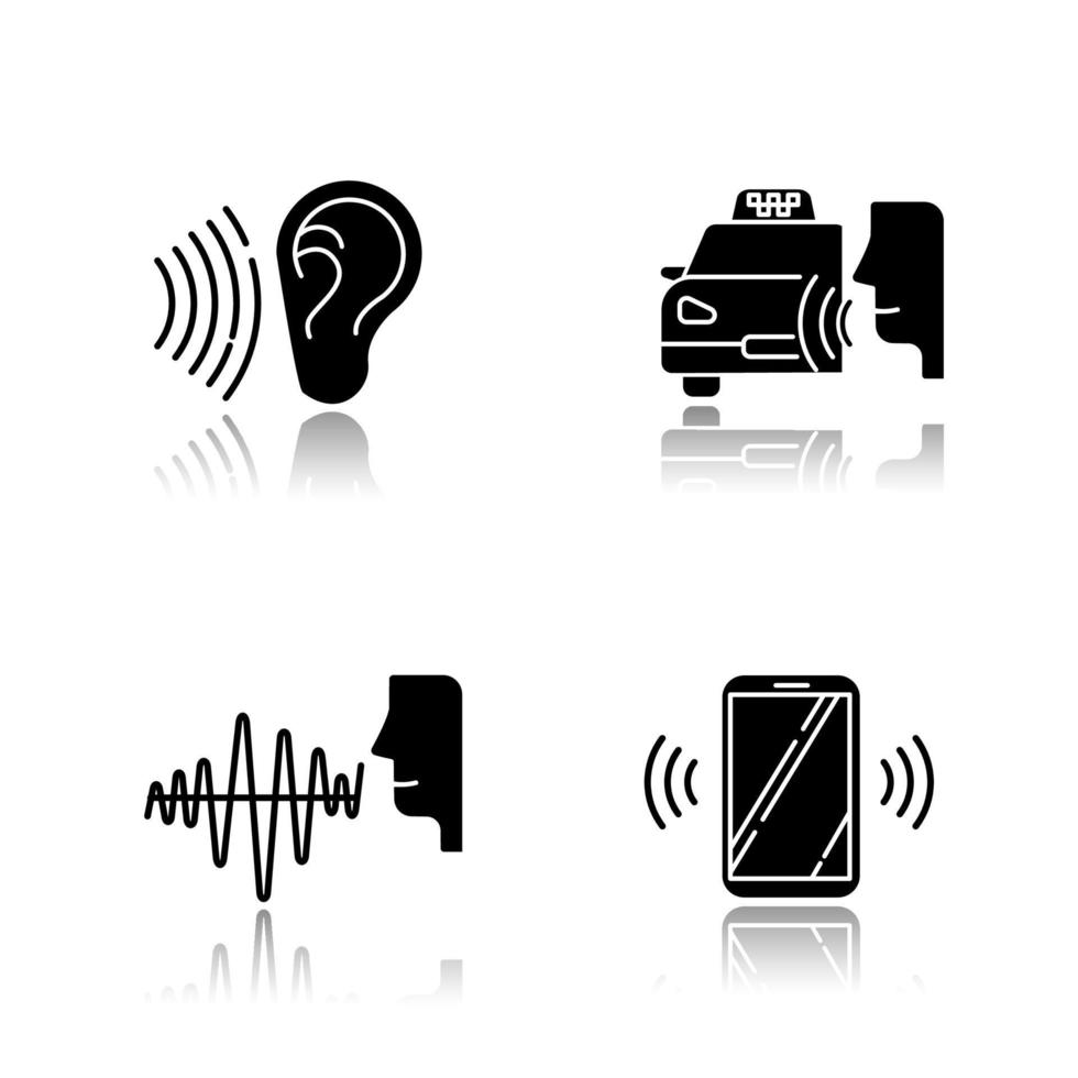 Spracherkennung Schlagschatten schwarze Glyphe Symbole gesetzt. Idee der Sprachsteuerung. Schallwelle, Sprachbefehl, Taxibestellung. interaktives Antwortsystem. reden und zuhören. isolierte vektorillustrationen vektor