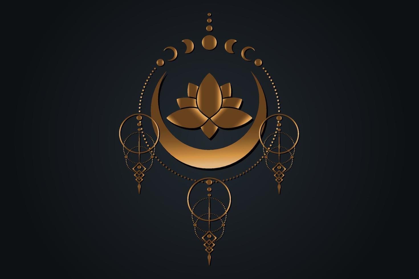 goldene Lotusblume und Mond, heilige Geometrie, Symbol der heidnischen Wicca-Göttin des Halbmonds. Mondphasen altes goldenes Wicca-Bannerzeichen, Energiekreis, Boho-Stil-Vektor auf schwarzem Hintergrund isoliert vektor