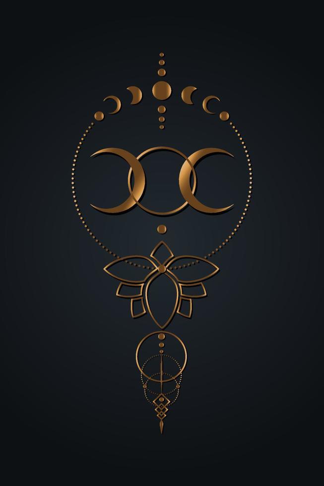 guld trippelmåne, helig geometri, halvmåne hednisk wiccan gudinna symbol. månfaser gammal gyllene wicca-bannerskylt, lotusblommaenergicirkel, boho-stil, vektor isolerad på svart bakgrund
