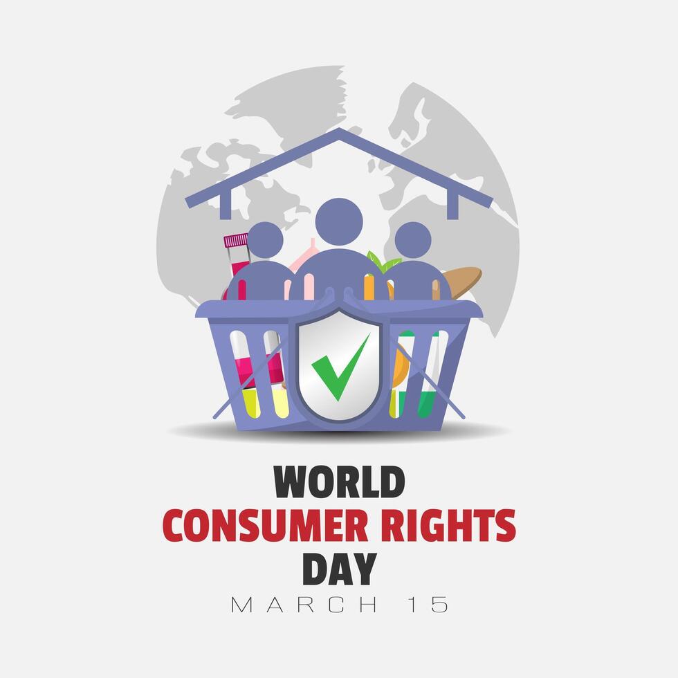 värld konsument rättigheter dag affisch med människor och korgar full av handla tog tillflykt under de tak vektor