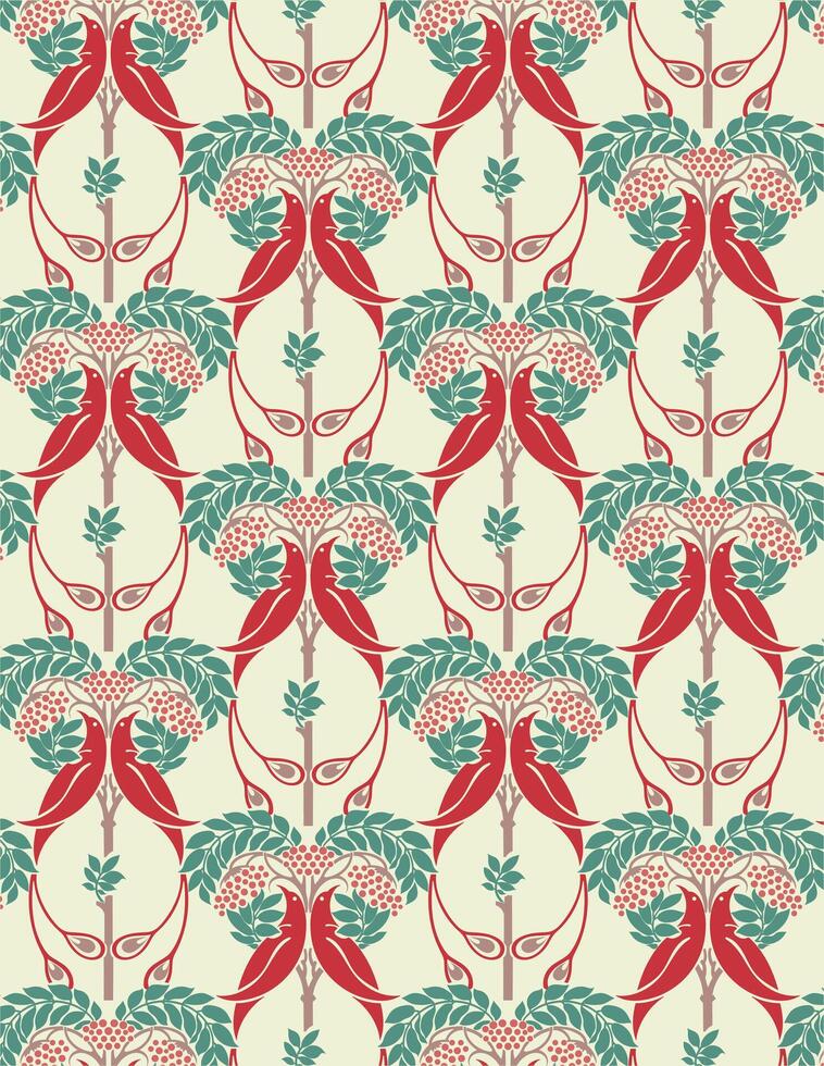 Vektor Kunst Jugendstil Ornament Pflanze und rot Vogel dekorativ nahtlos Muster