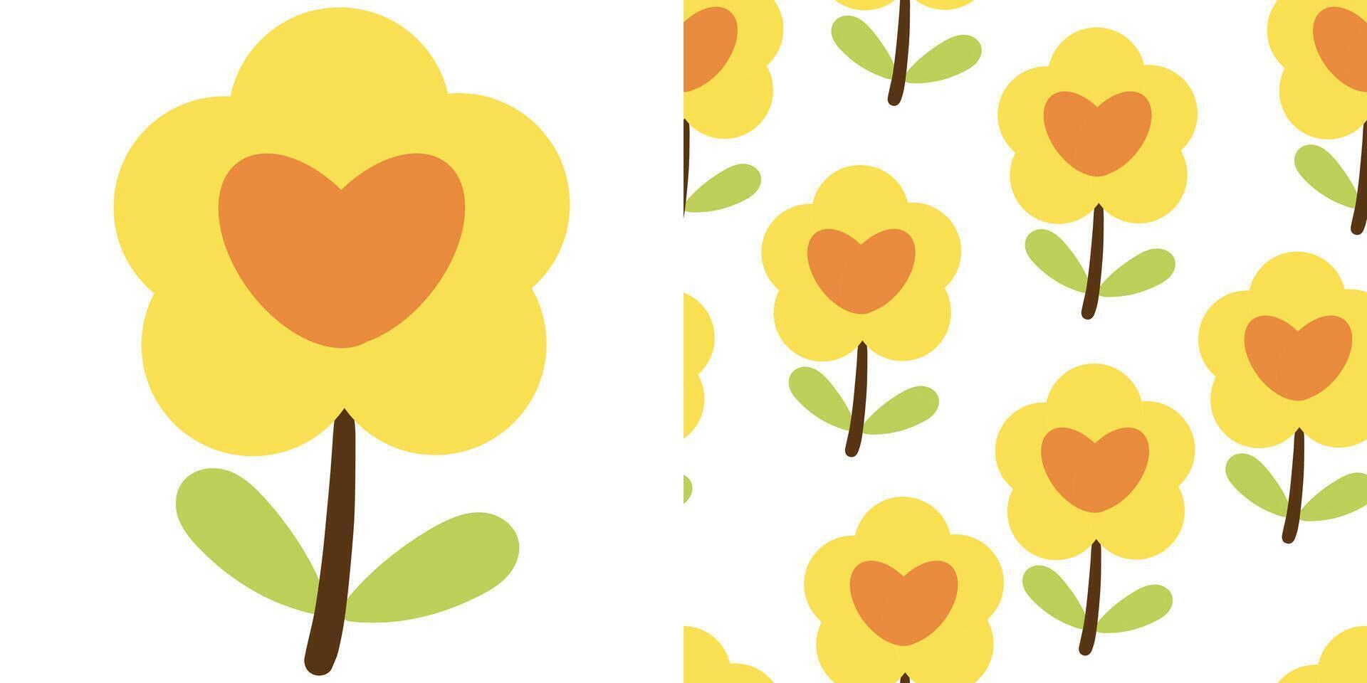 hand dragen illustration av gul blommor och sömlös mönster med söt tecknad serie gul blommor vektor
