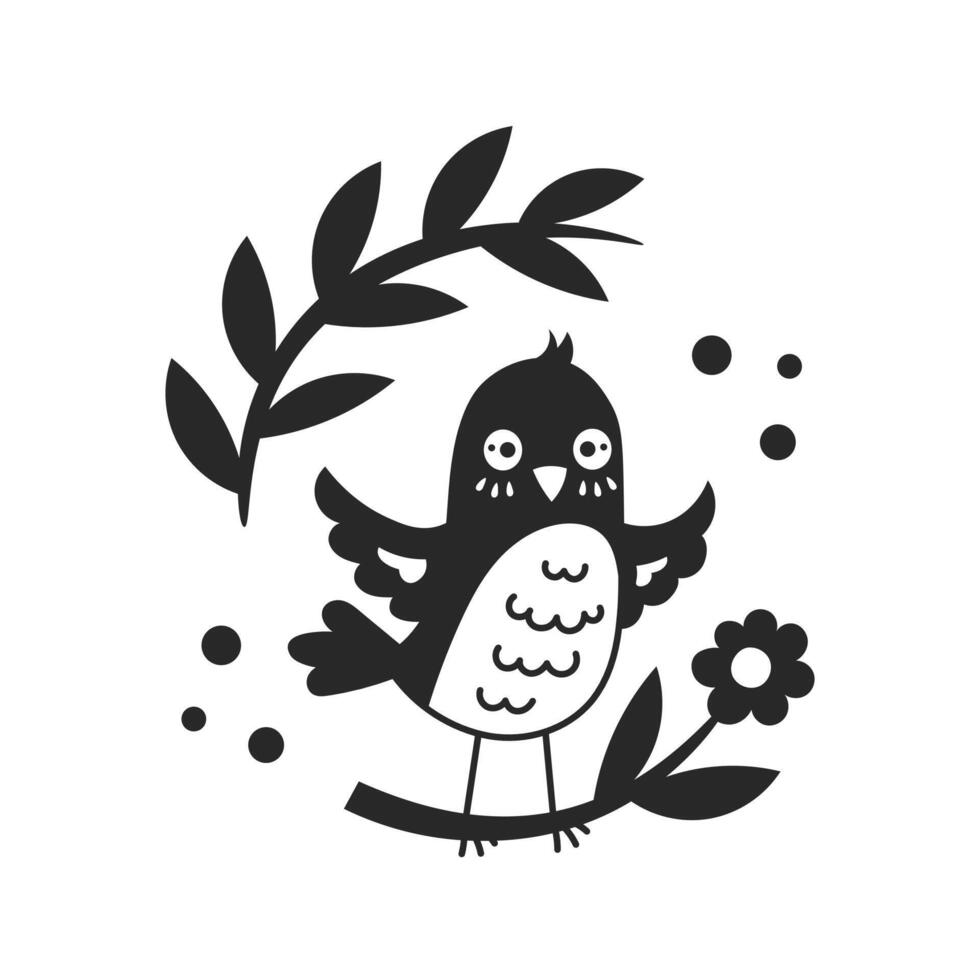 söt tecknad serie fågel med blomma och gren vektor