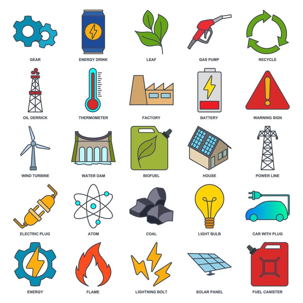 verlängerbar Energie, Grün Technologie Symbol Satz, inbegriffen Symbole wie Licht Birne, Ordner, Solar- Tafel, Batterie und Mehr Symbole Sammlung, Logo isoliert Vektor Illustration