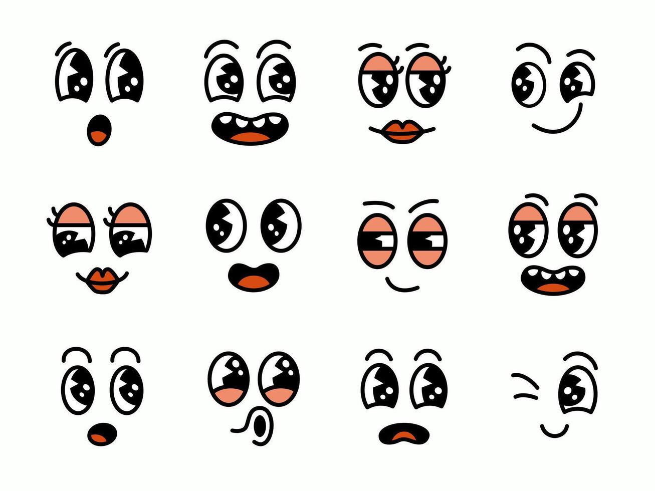 uppsättning av häftig komisk ansikten. tecknad serie karaktär ansikten med annorlunda känsla, Lycklig, lekfull, rolig, söt. vektor illustration