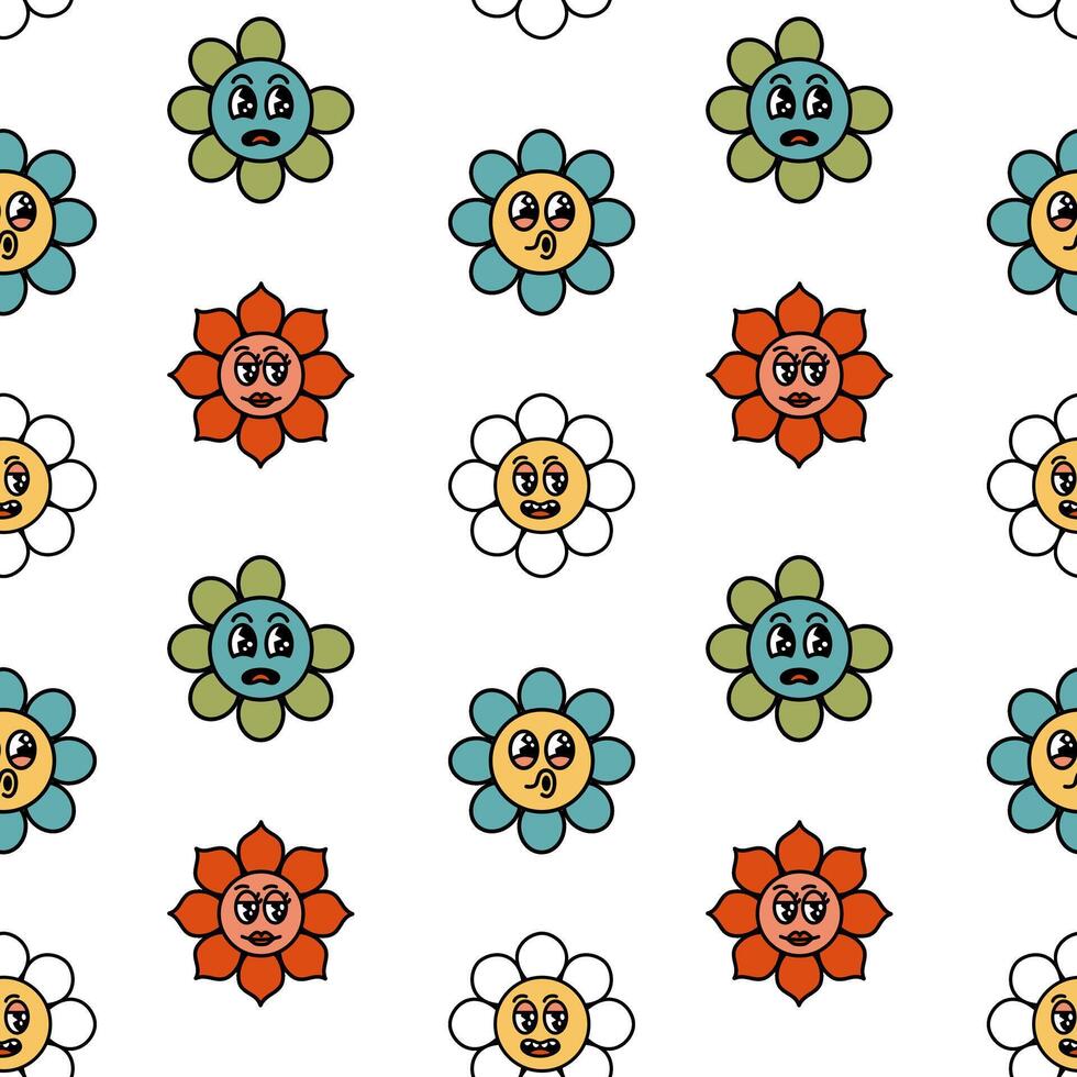 häftig retro hippie blomma sömlös mönster. tecknad serie blomma, daisy med söt rolig ansikten tecken bakgrund. vektor illustration