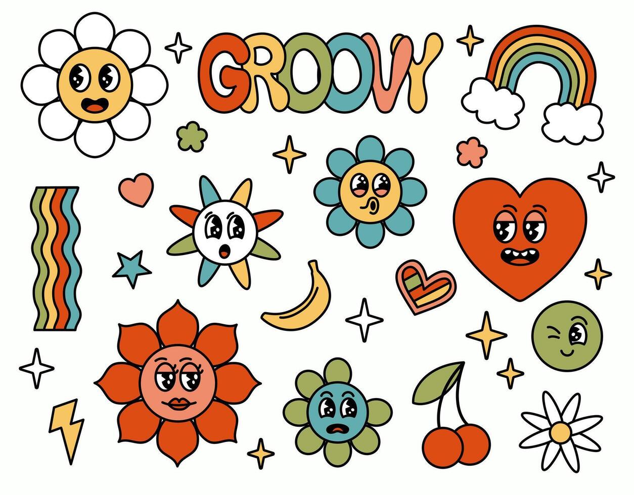 groovig retro Hippie Elemente Satz. Karikatur Regenbogen, Blume, Gänseblümchen mit süß komisch Gesichter Charakter. Vektor Illustration