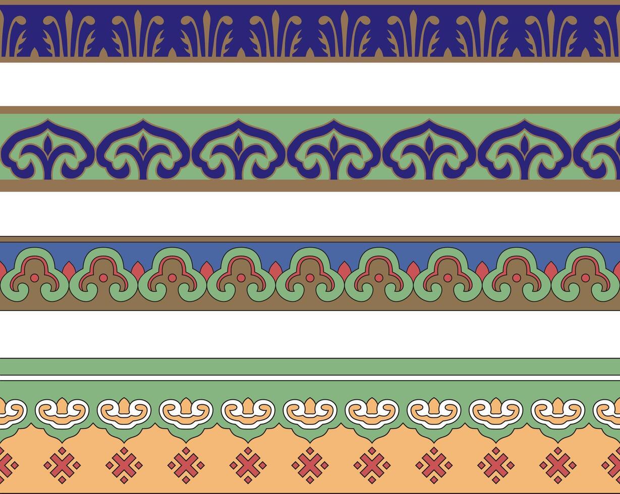 vektor uppsättning av sömlös kinesisk nationell ornament. färgad ändlös asiatisk mönster, mönster och ramar. Hem dekoration, mattor och keramik