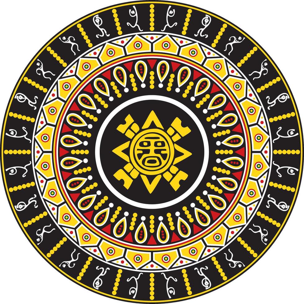 Vektor farbig runden einheimisch amerikanisch Ornament. Kreis mit Tanzen Männer. Muster von das Völker von zentral und Süd Amerika, Azteken, Maya, Inkas.