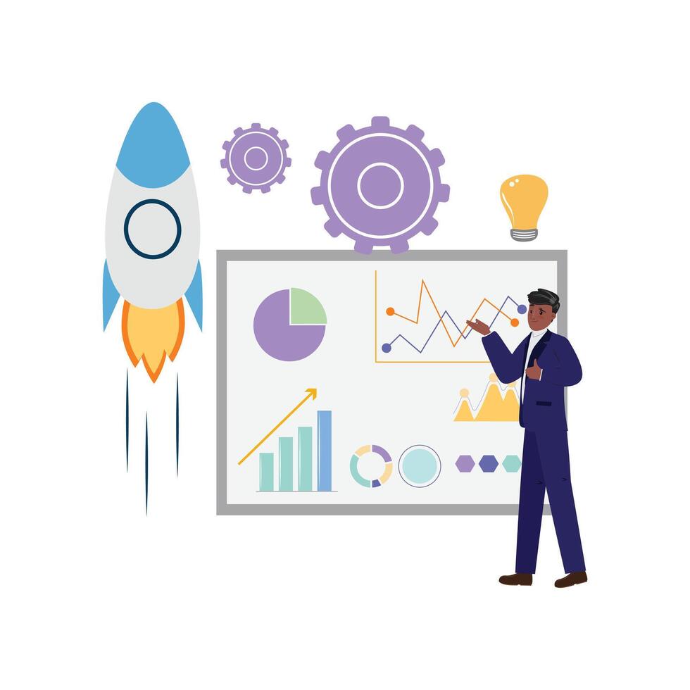 svart man presenter data, analys, och diagram. crafting en visionär börja företag planen vektor