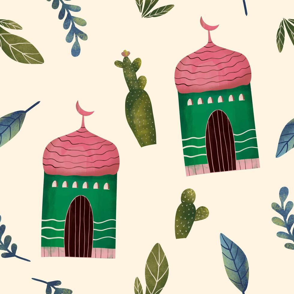 Arabisch Haus, Moschee und Kaktus Pflanze süß Illustration Muster zum Hintergrund, Hintergrund, Textur. vektor