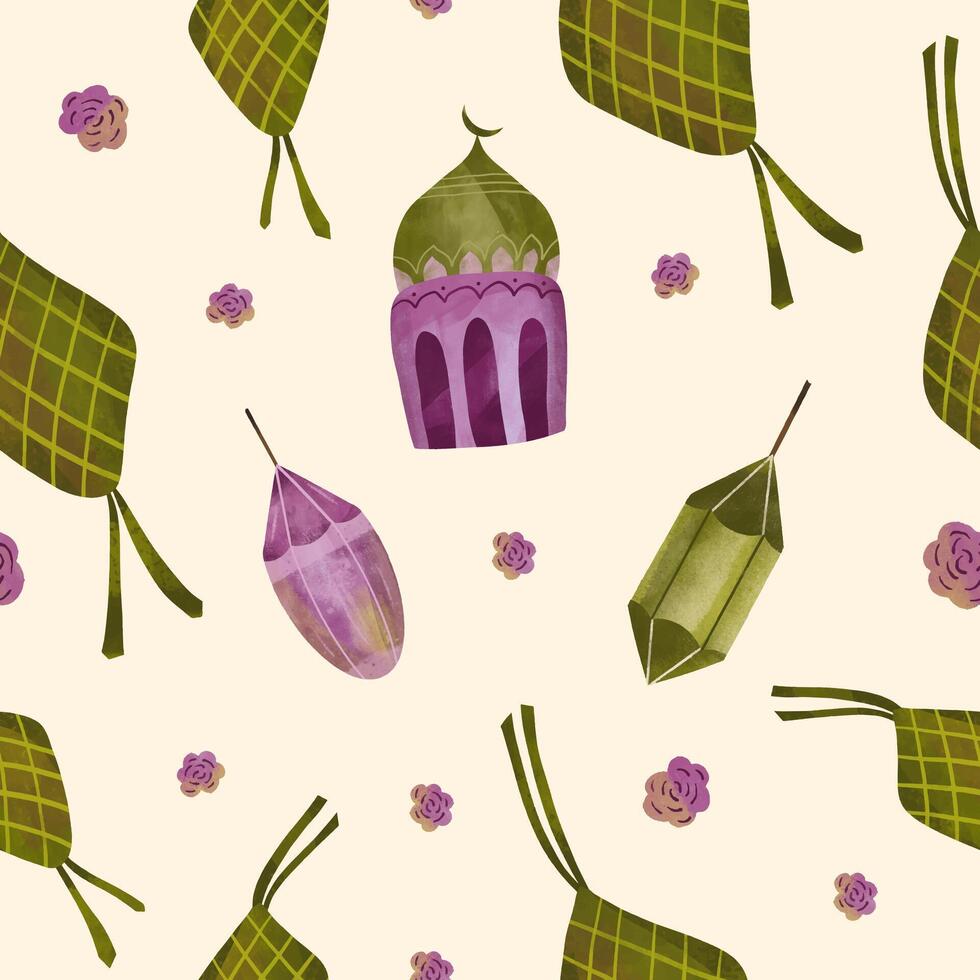 Ramadan Illustration von Reis Knödel oder Ketupat und Blume Ornament nahtlos Muster. vektor