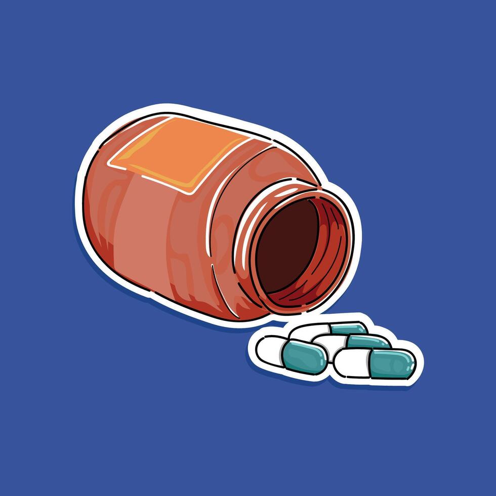Kapsel Medizin Illustration Aufkleber Vektor Design, isoliert im Blau Hintergrund