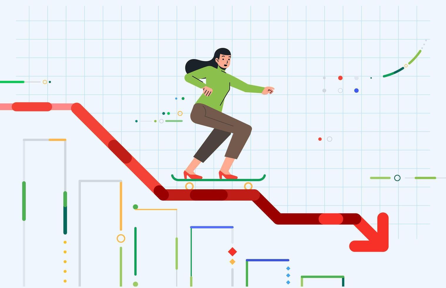 affärskvinna glider på skateboard över Graf Diagram av faller ner företag och vinster vektor