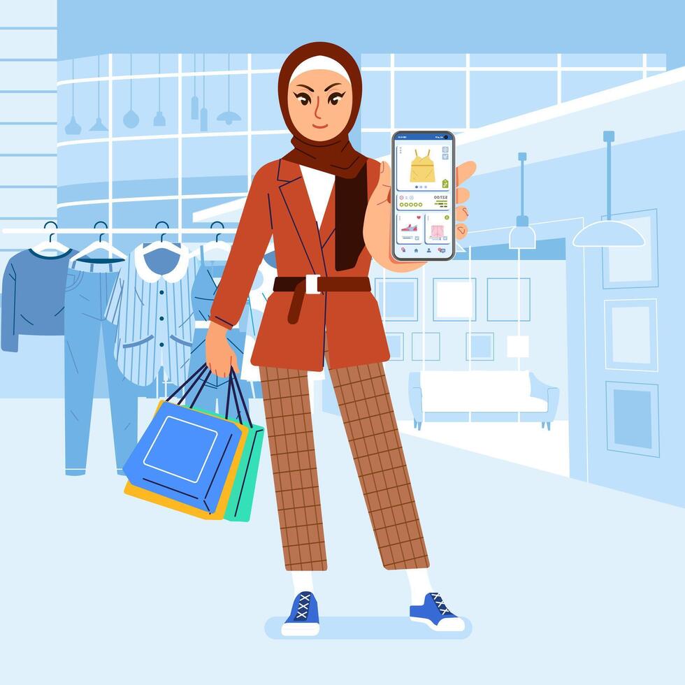 modisch Muslim Hijab Frau beim Einkaufszentrum Show online Handy, Mobiltelefon App auf Telefon Einkaufen Kleidung Geschäft Geschäft vektor