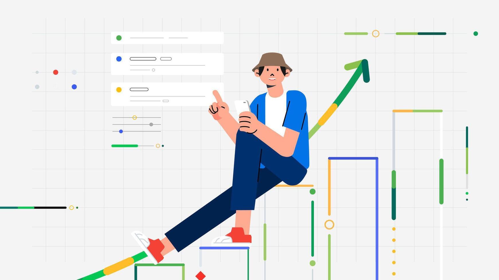 Mann Sitzung Wachstum Diagramm Analysieren Geschäft und steigend Profite Bestände mit Handy vektor