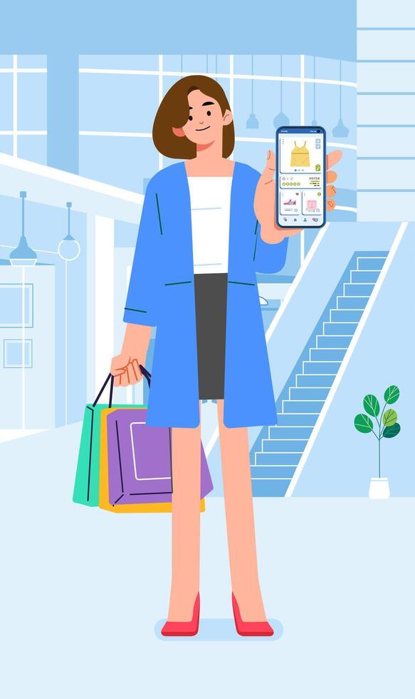 modern kvinna på köpcenter visa uppkopplad mobil app på telefon handla Kläder Lagra affär vektor