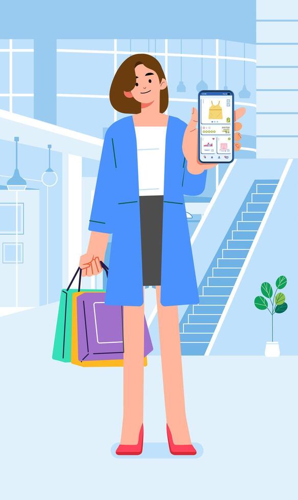 modisch Frau beim Einkaufszentrum Show online Handy, Mobiltelefon App auf Telefon Einkaufen Kleidung Geschäft Geschäft vektor