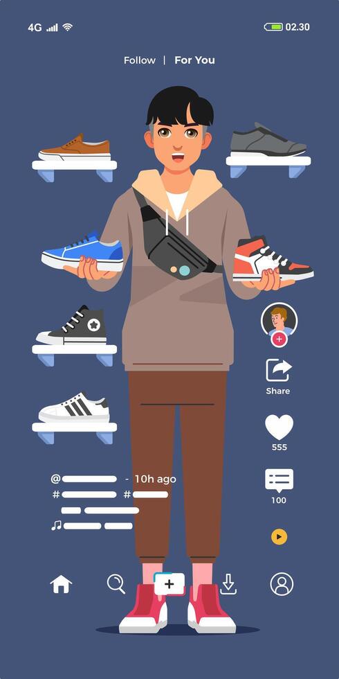 ung eleganta man do leva video på social media till sälja skor och gymnastiksko uppkopplad affär Lagra vektor