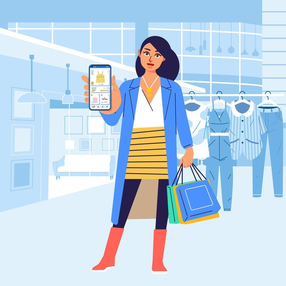 modern kvinna på köpcenter visa uppkopplad mobil app på telefon handla Kläder Lagra affär vektor