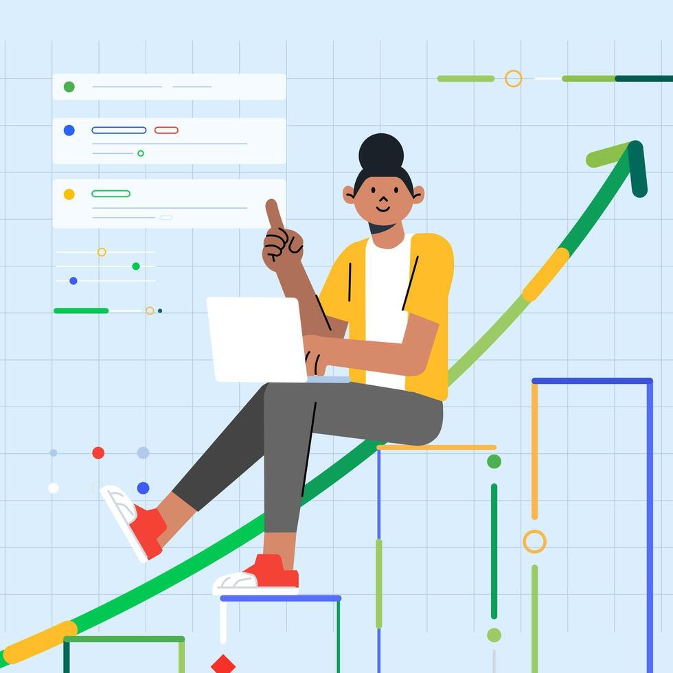 Frau Sitzung Wachstum Diagramm Analysieren Geschäft und steigend Profite Bestände mit Laptop vektor
