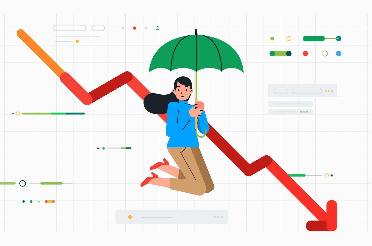 affärskvinna glider på paraply över Graf Diagram av faller ner företag och vinster vektor