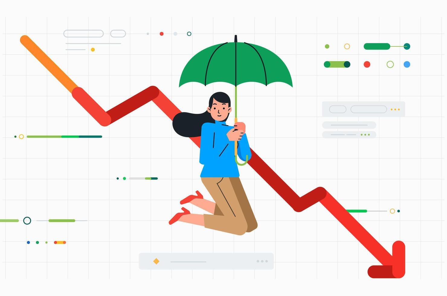 Geschäftsfrau gleitet auf Regenschirm Über Graph Diagramm von fallen Nieder Geschäft und Profite vektor