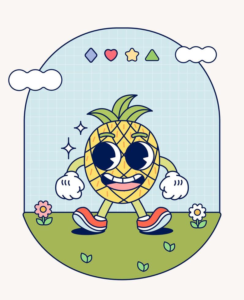 ananas retro karaktär maskot årgång trendig hand dra rolig klotter komisk samling vektor