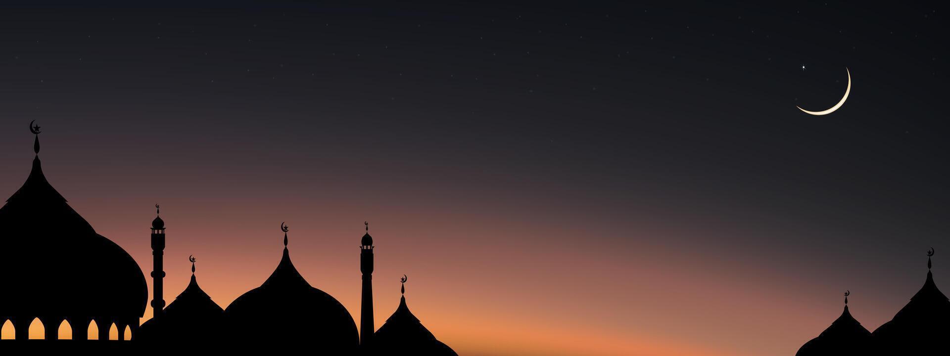 islamisch Hintergrund, Nacht Himmel mit Moscheen Kuppel und Halbmond Mond auf dunkel lila Dämmerung Himmel, Vektor Symbol islamisch Religion eid al-adha, eid al-Fitr, Mubarak, islamisch Neu Jahr Muharram, Ramadan kareem