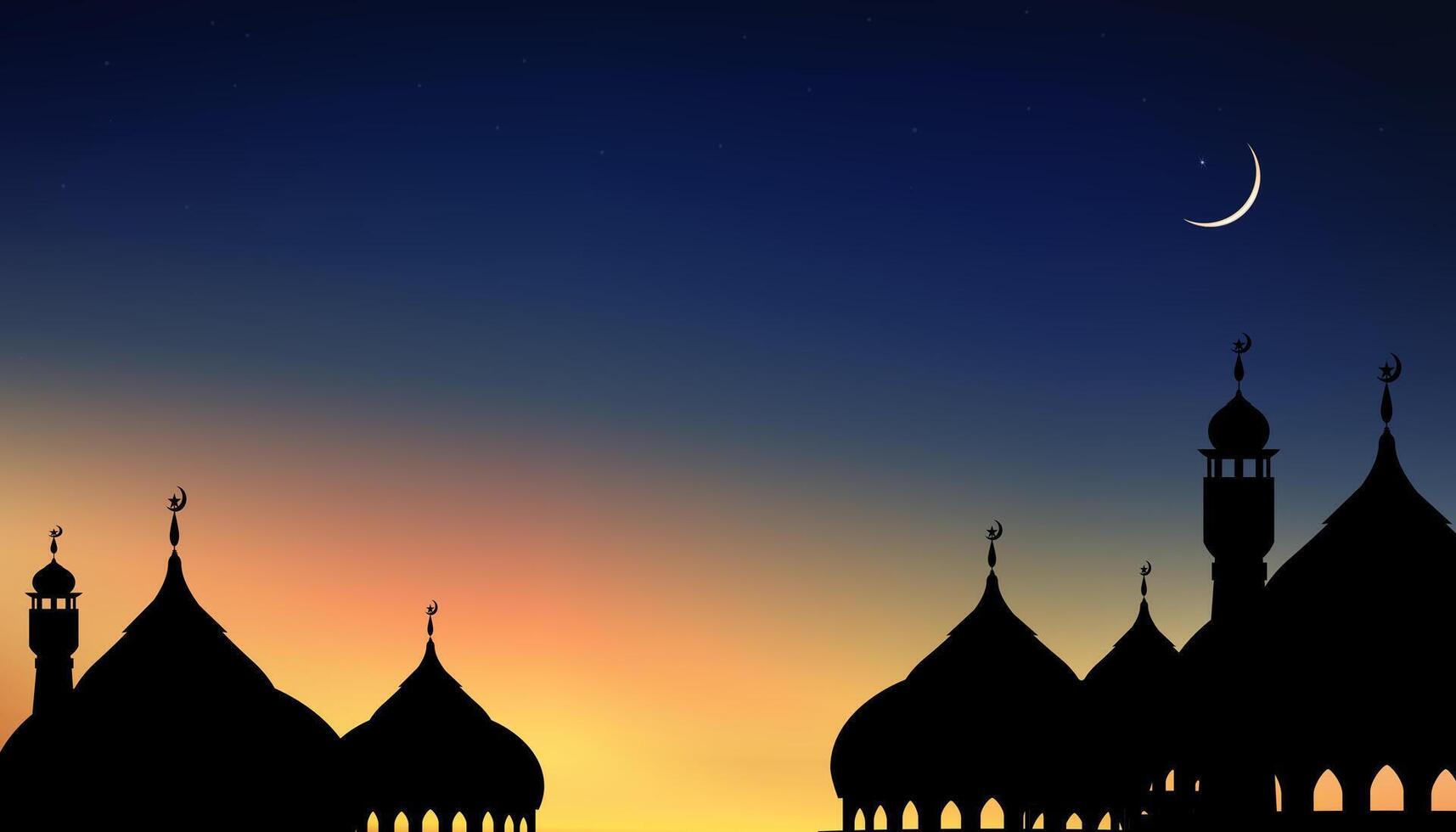 islamisch Hintergrund, Kuppel Moscheen, Halbmond Mond, sternenklar auf dunkel Blau Himmel Hintergrund, Vektor Symbol islamisch Religion mit Dämmerung Himmel, Banner eid al adha, eid al Fitr, Mubarak, neu Jahr Muharram, Ramadan kareem