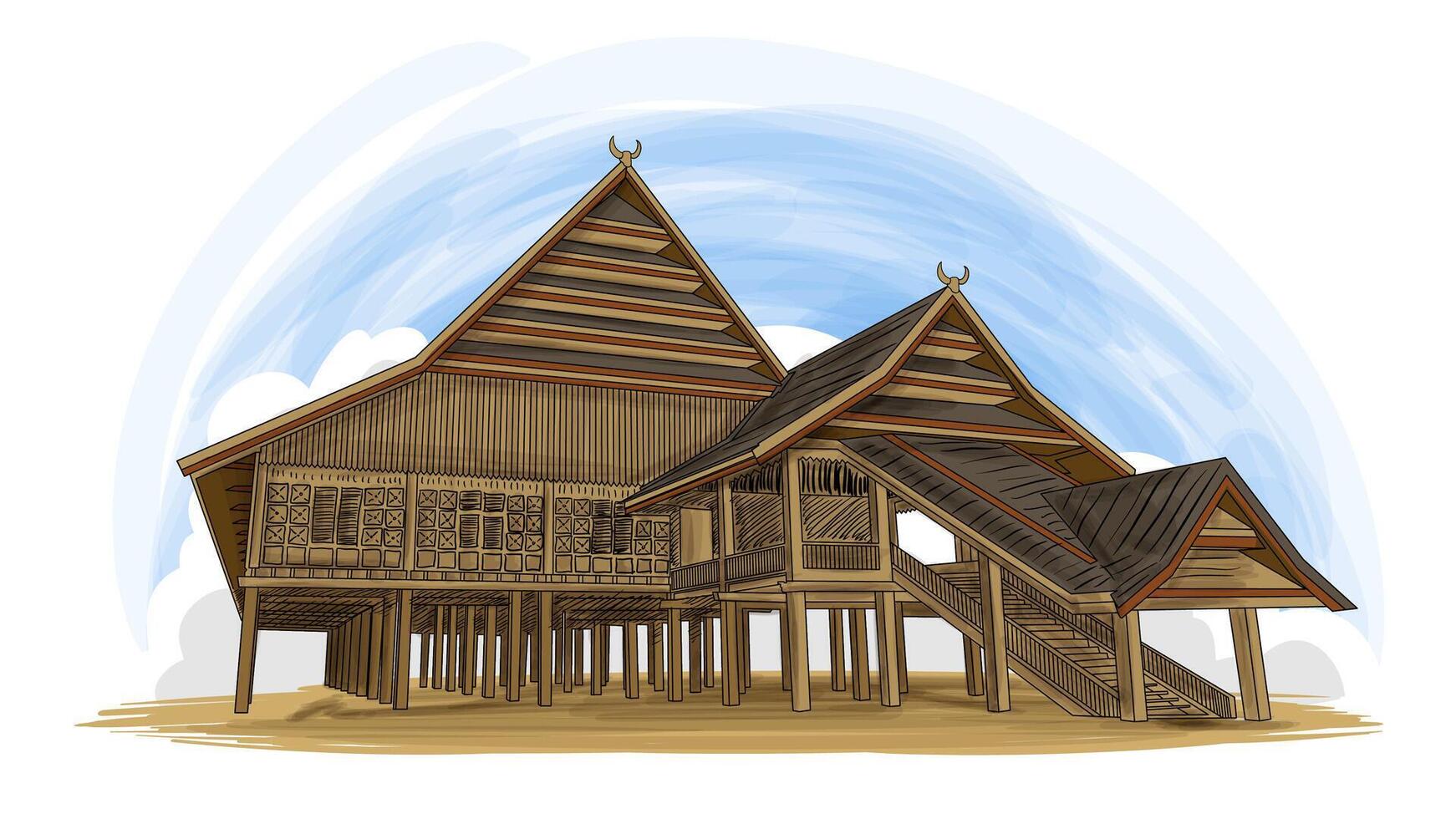 rumah balla rompoa söder sulawesi indonesien traditionell hus tecknad serie hand dragen illustration vektor