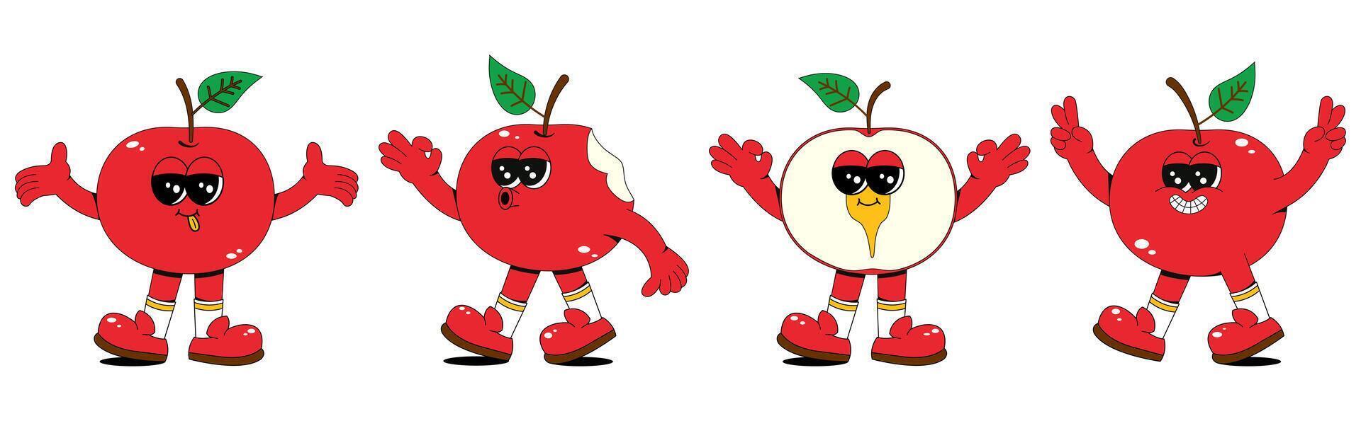 einstellen von retro Karikatur Apfel Obst Figuren. ein modern Illustration mit süß Apfel Maskottchen im anders posiert und Emotionen, Erstellen ein 70er Jahre Comic Buch Stimmung. vektor