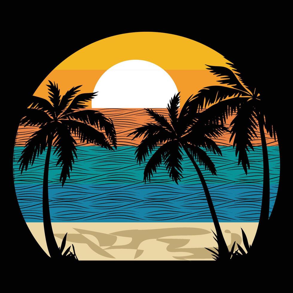 retro Surfen Sonnenuntergang einzigartig Strand Baum Jahrgang Vektor Design