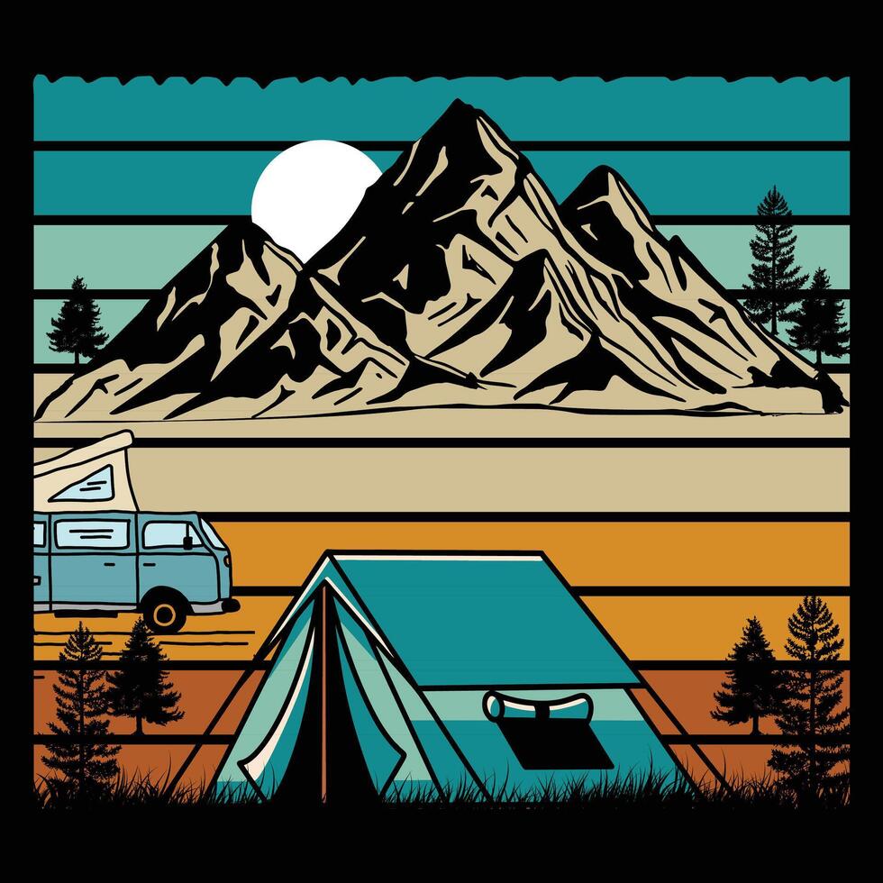 retro camping berg årgång solnedgång vektor design