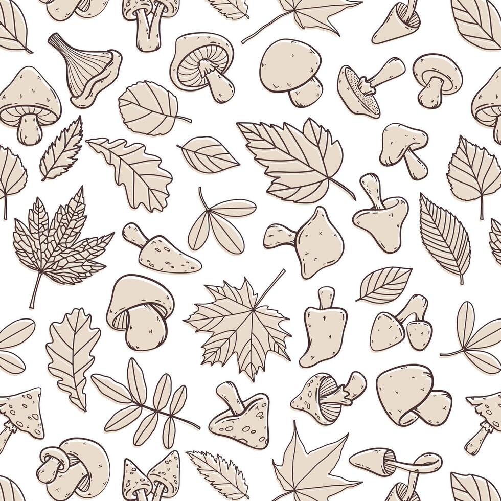 höst löv och svamp sömlös mönster, söt hand dragen linje stil, svart och vit, svartvit, vektor illustration