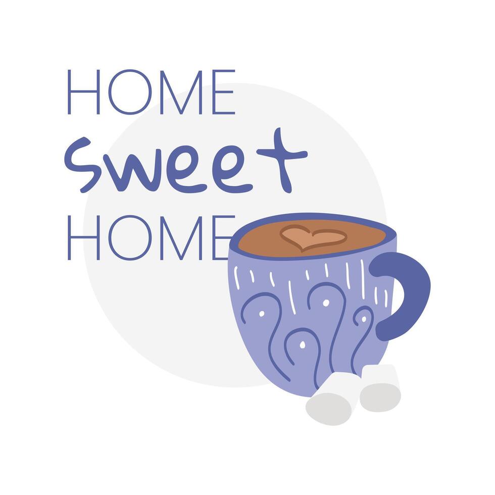 gemustert Tasse von Kakao mit Marshmallows. Text Zuhause Süss heim. gemütlich Atmosphäre - - Hygge. sich ausruhen und entspannen. isoliert Vektor Illustration.