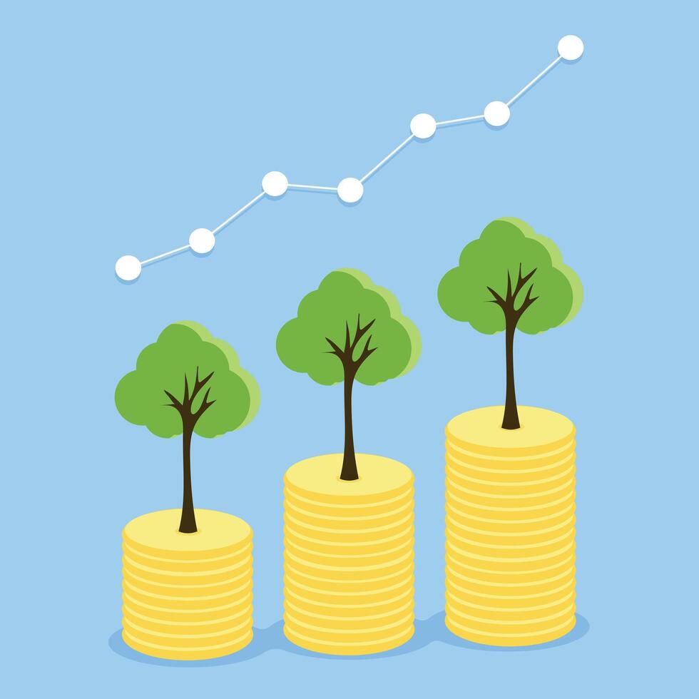 Baum wachsend von Münzen. Gold Münzen. Dollar Münzen, Geld, Vektor Illustration, Finanzen. Speichern Geld