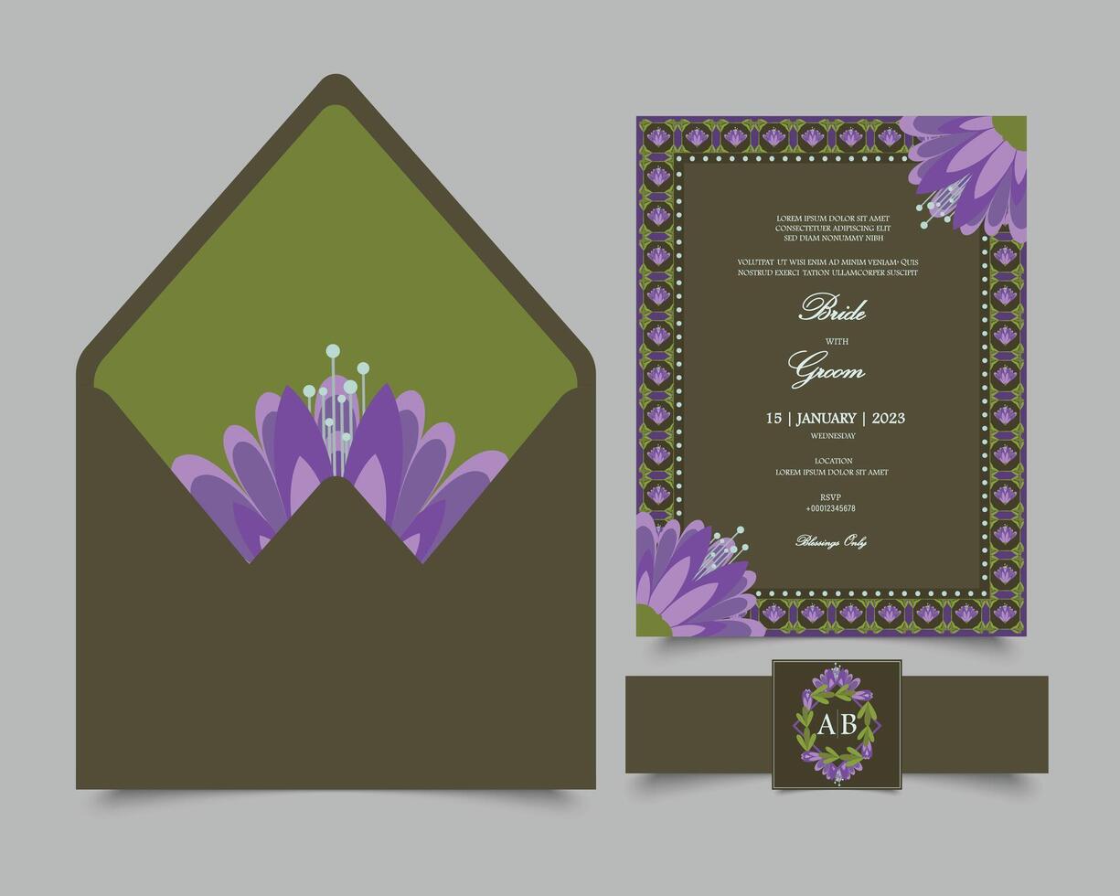 blommig bröllop inbjudan uppsättning mall i vår tema. uppsättning av tre inbjudan brevpapper Inklusive en kort, kuvert och en klistermärke med magband vektor