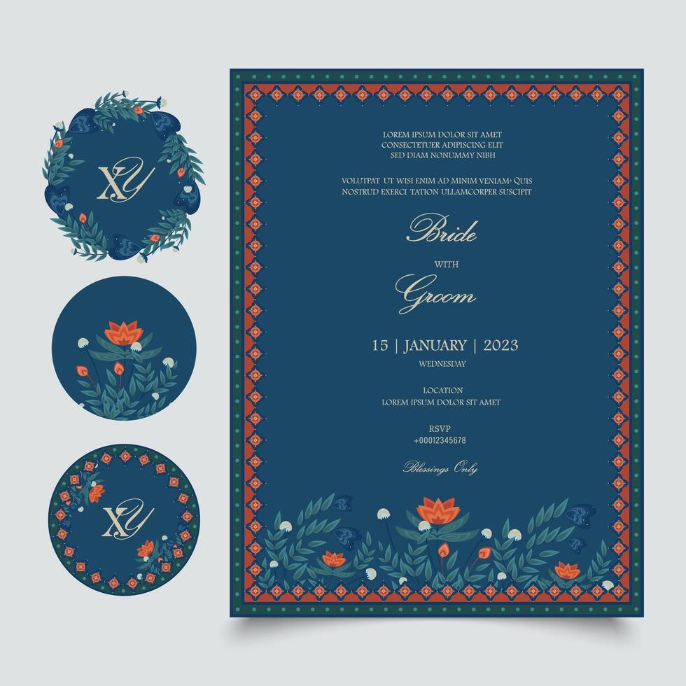 Blumen- Hochzeit Einladung Karte und Aufkleber im Frühling Farbe Palette. Vorlage zum Hochzeit Einladungen, Aufkleber, Siegel, Name Initialen, Name Stichworte, Blumen- Frames usw mit Platz zum Texte. vektor